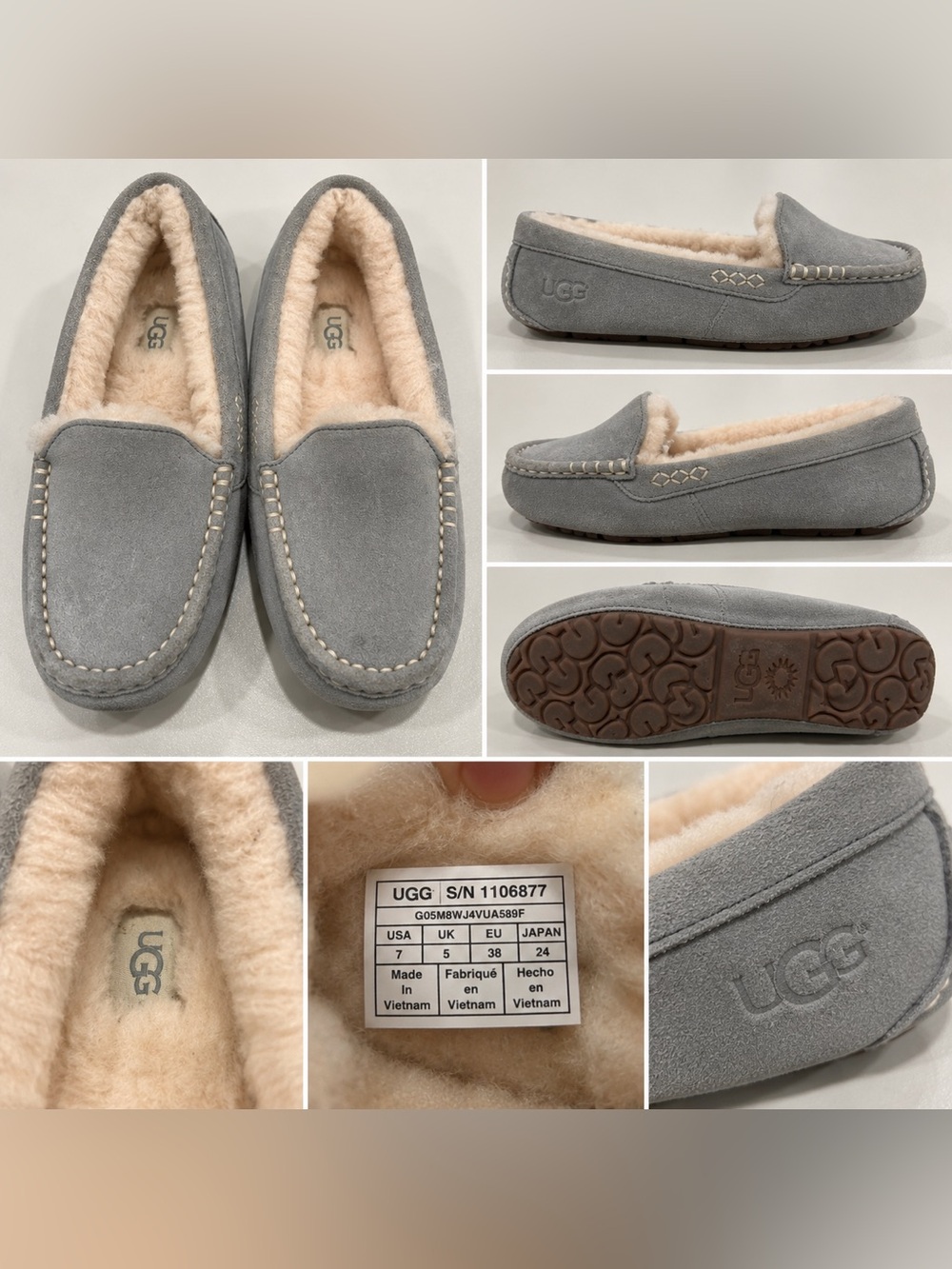 UGG Gray Suede Moccasin Slippers with Cream Shearling size 7